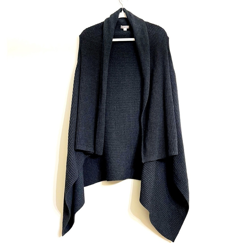 MERONA Women's Charcoal Grey Ribbed Knit Draped Front Open Poncho Cardigan M